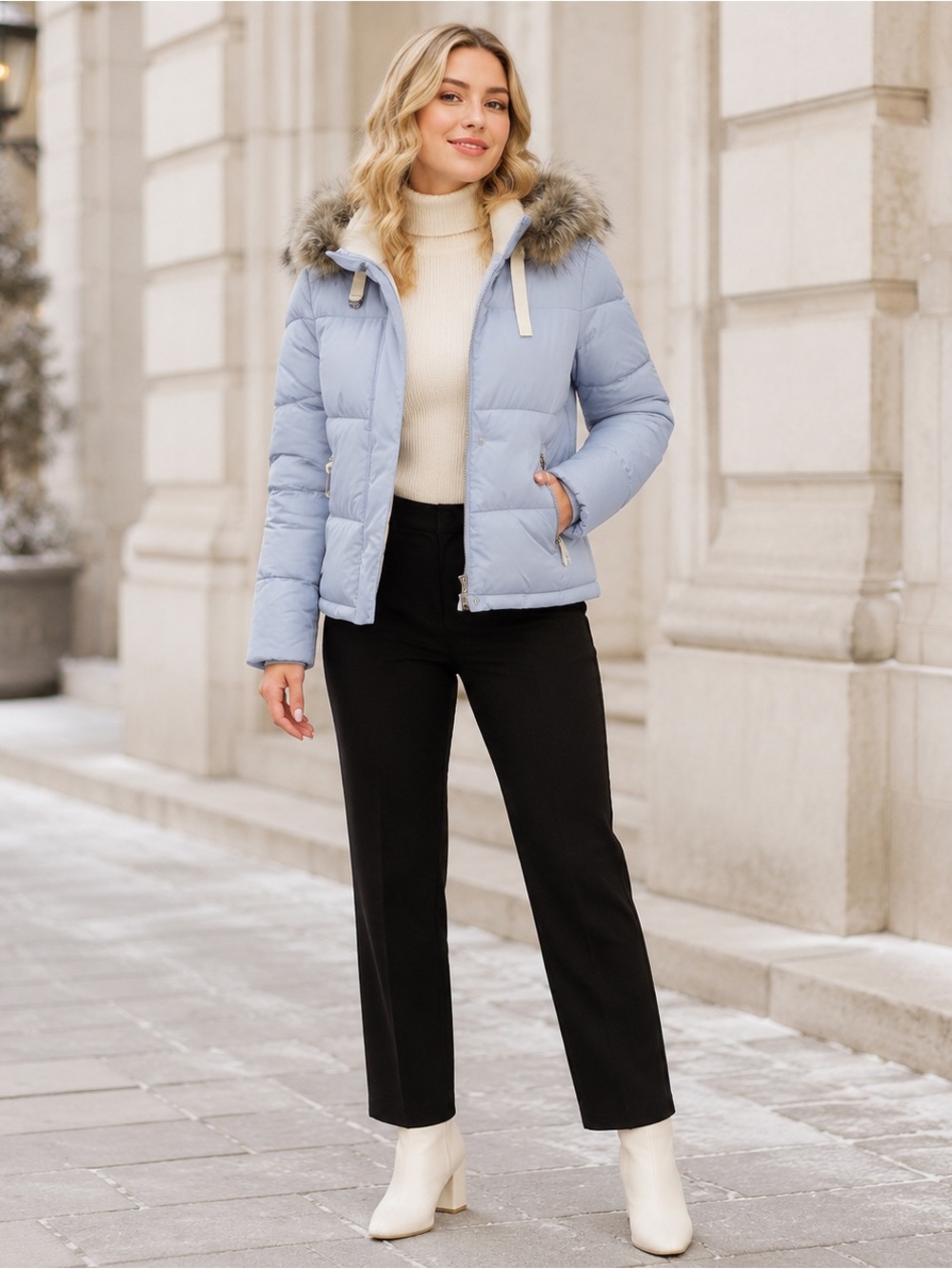 Junior’s‎ Light Blue Puffer Jacket with Faux Fur Hood